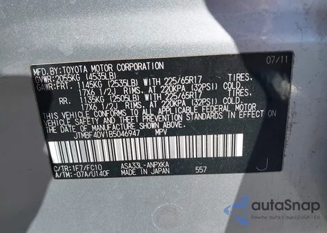 2011 Toyota Rav4 z USA, uszkodzony, nr VIN JTMBF4DV1B5046947